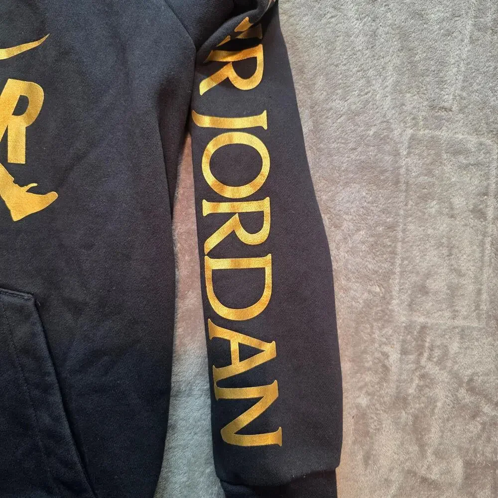 Air Jordan Hoodie Mens L Black Nike Air Jumpman Gold Logo Sleeve Print Fleece